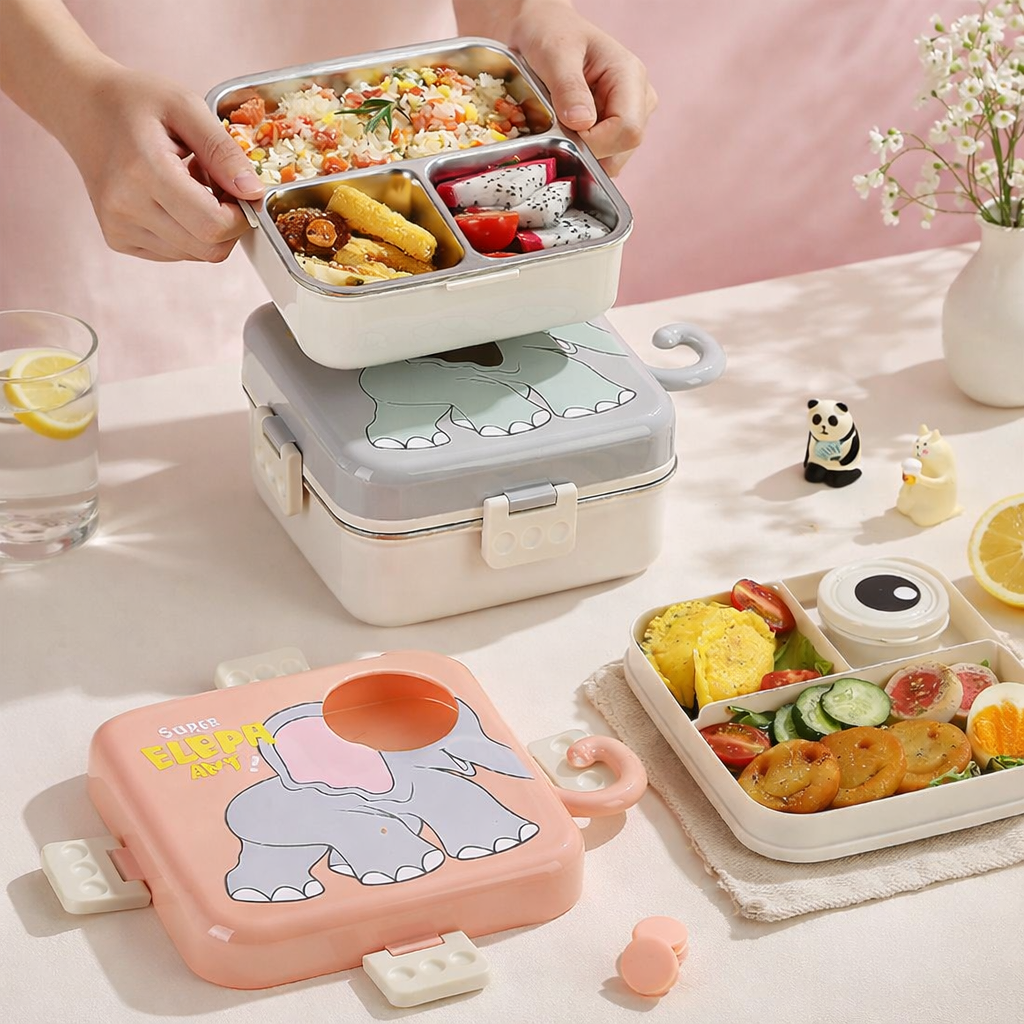 Skoolster Elephant Lunch Box – Leakproof Stainless Steel Bento Tiffin Box for Kids