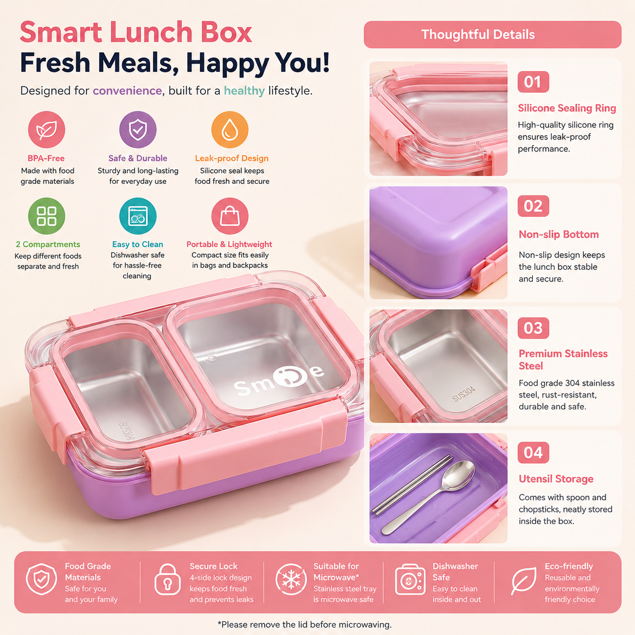 Skoolster 750ML Stainless Steel Lunch Box – Leakproof 2-Compartment Bento Box