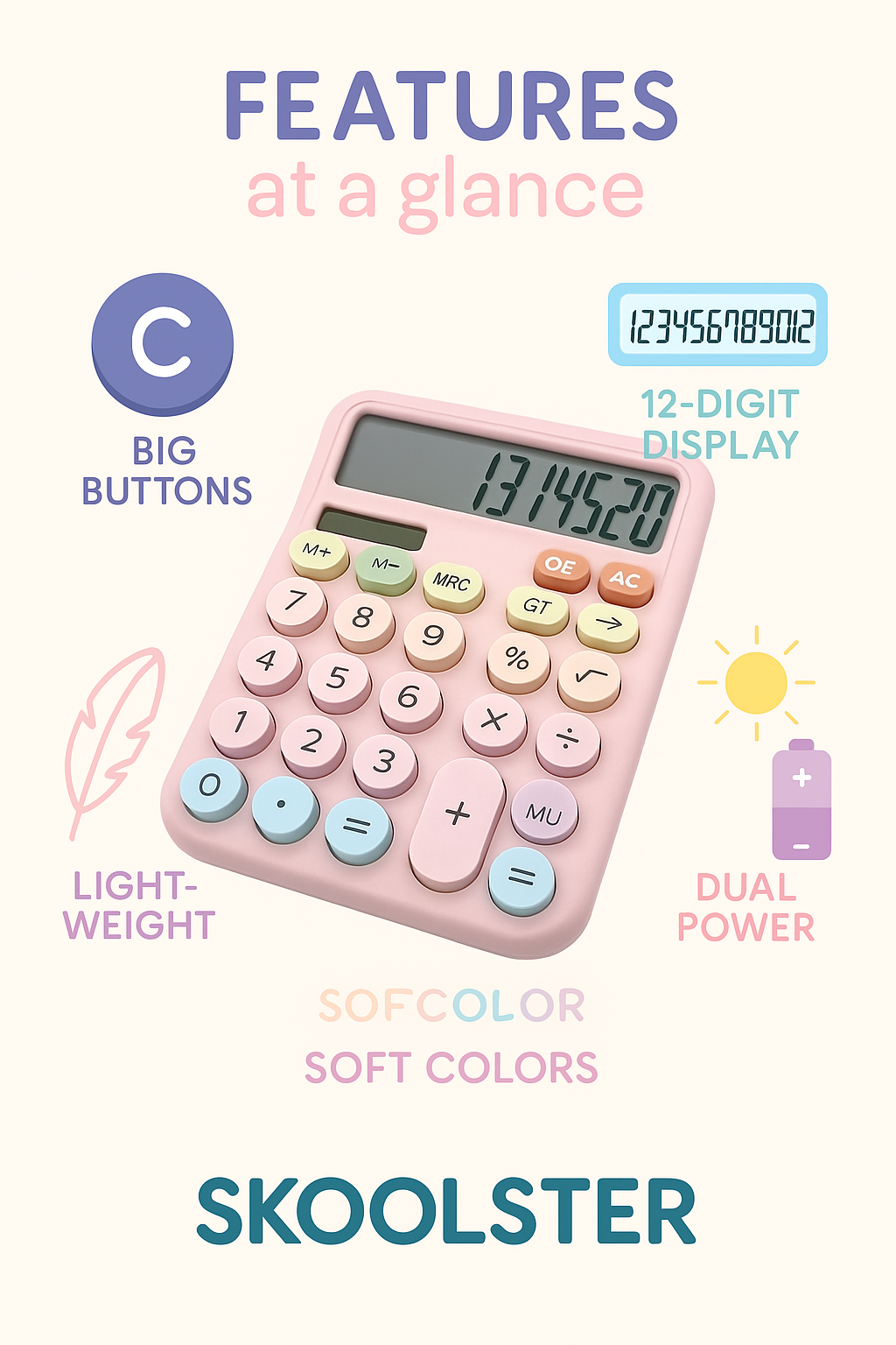Cute Pastel Calculator – Big Button, 12 Digit Display, Dual Power, Aesthetic