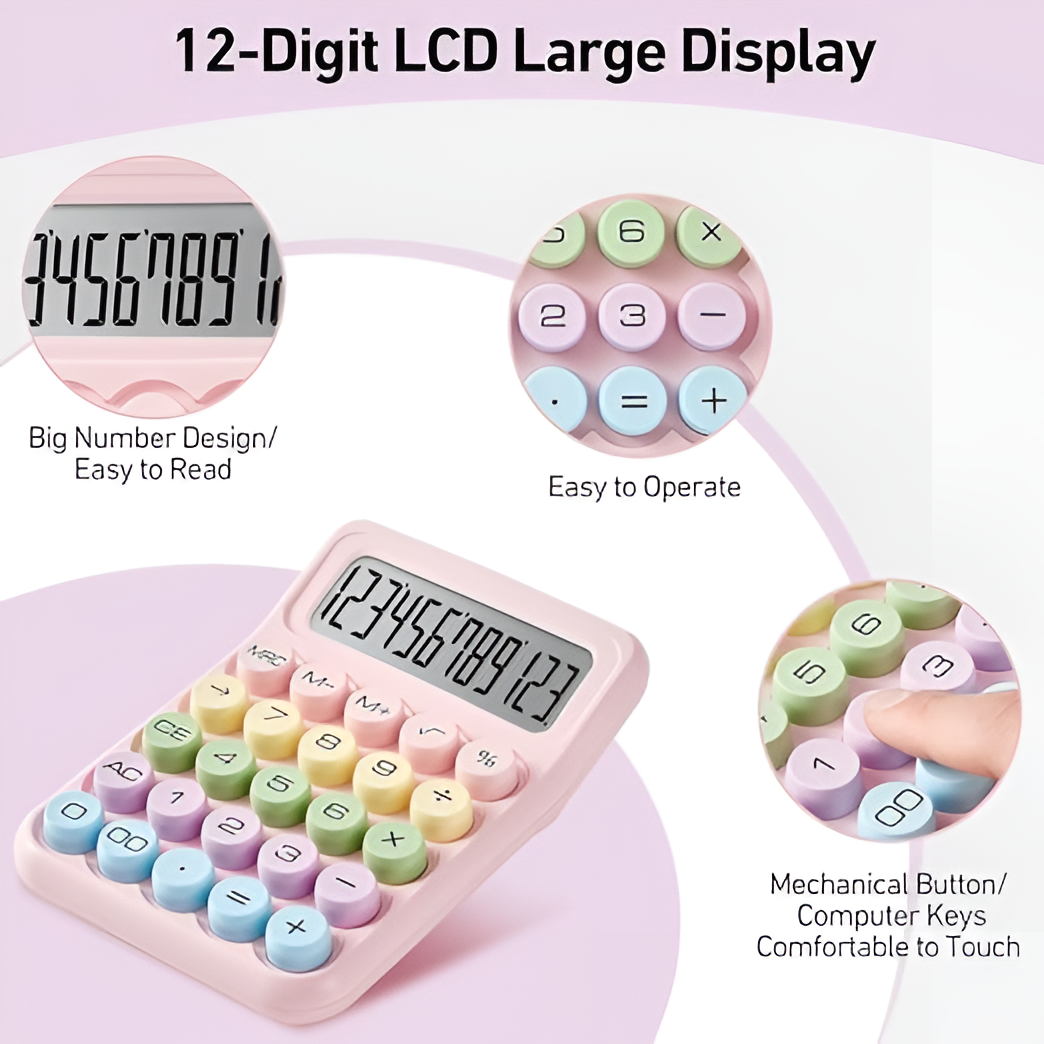 Cute Pastel Calculator – Big Button, 12 Digit Display, Dual Power, Aesthetic