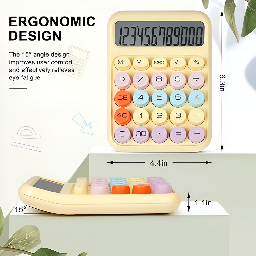 Cute Pastel Calculator – Big Button, 12 Digit Display, Dual Power, Aesthetic