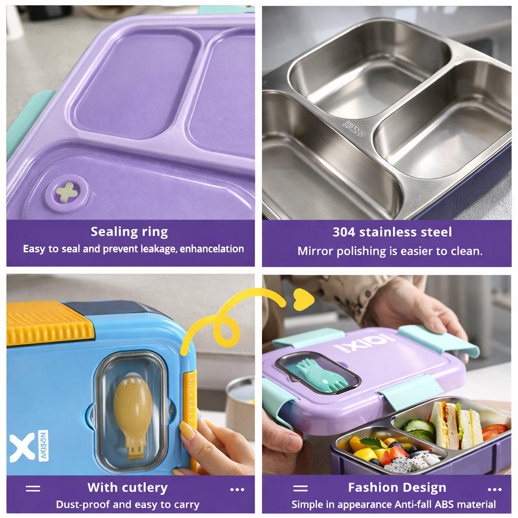 Leakproof Stainless Steel Bento Lunch Box with Built-in Cutlery | Insulated 3-Compartment Meal Box for Kids & Adults