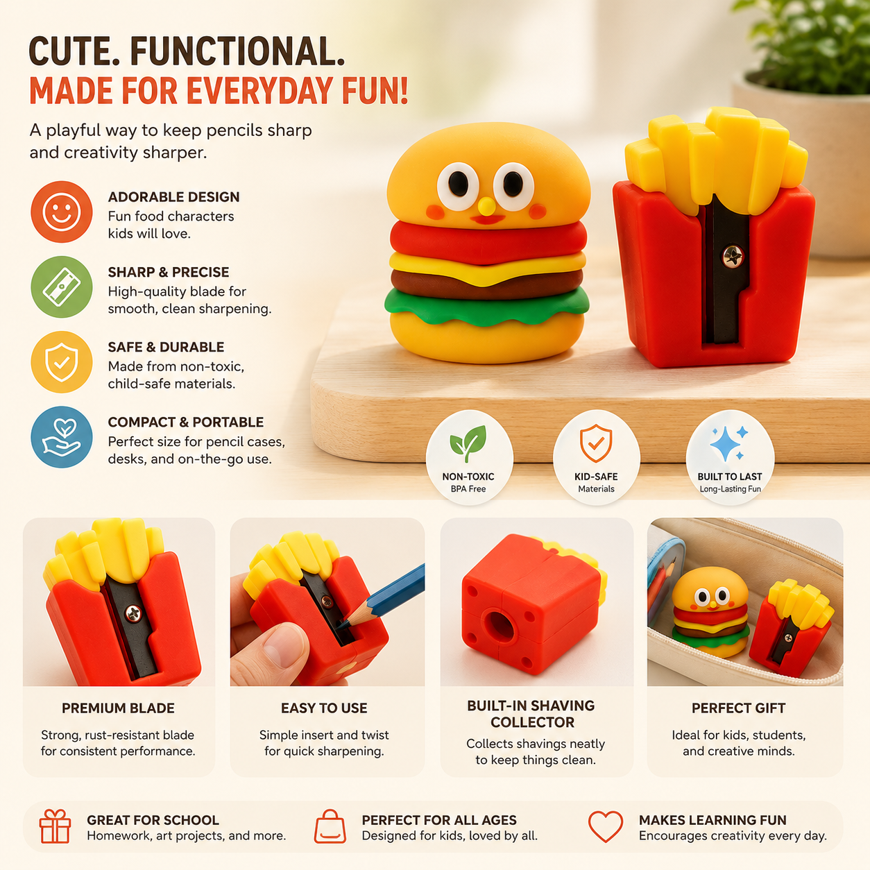 Cute 3D Cartoon Sharpeners for Kids – Pack of 3 Designs | Fun Pencil Sharpener for School & Stationery Lovers (Assorted Colours)