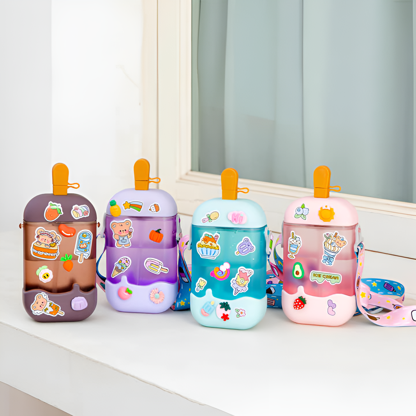 Ice Cream-Themed, Cute Kids’ Water Bottle –400 ML,BPA-Free, Leak-Proof, with Stickers