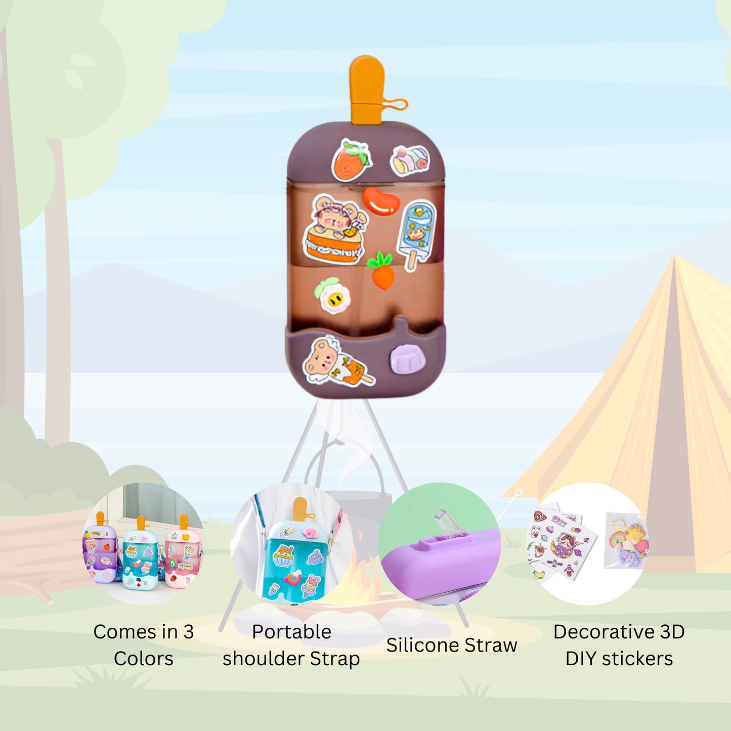Ice Cream-Themed, Cute Kids’ Water Bottle – 400 ML, BPA-Free, Leak-Proof, with Stickers