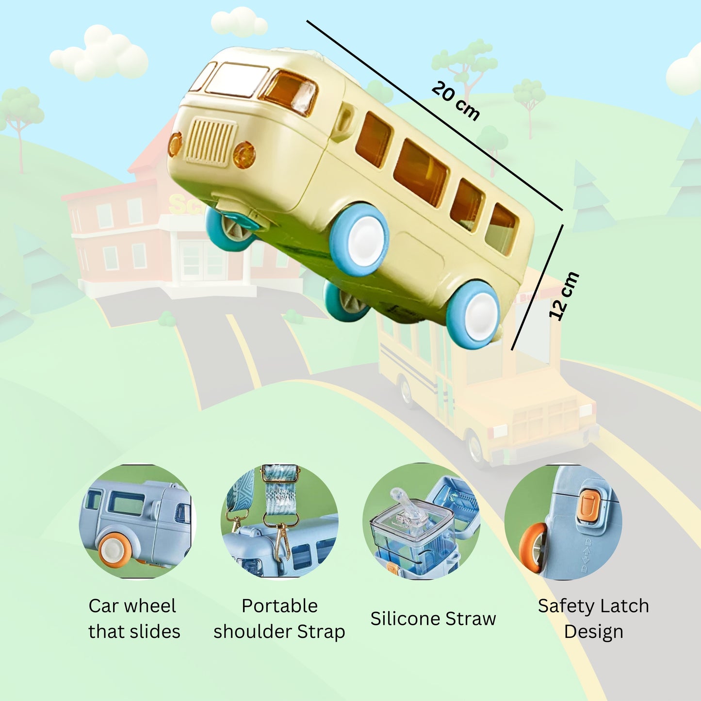Bus Shaped kids water Bottle, 500 ML, Leak Proof, BPA Free