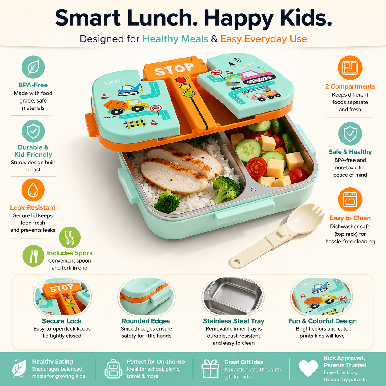 Kids Cartoon Stainless Steel Lunch Box | Leakproof Bento Tiffin Box with Compartments for School