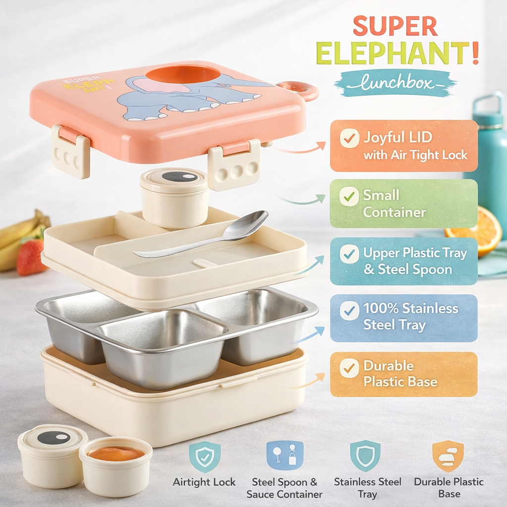 Skoolster Elephant Lunch Box – Leakproof Stainless Steel Bento Tiffin Box for Kids