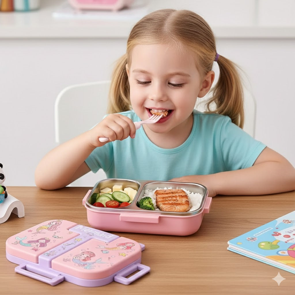 Kids Cartoon Stainless Steel Lunch Box | Leakproof Bento Tiffin Box with Compartments for School