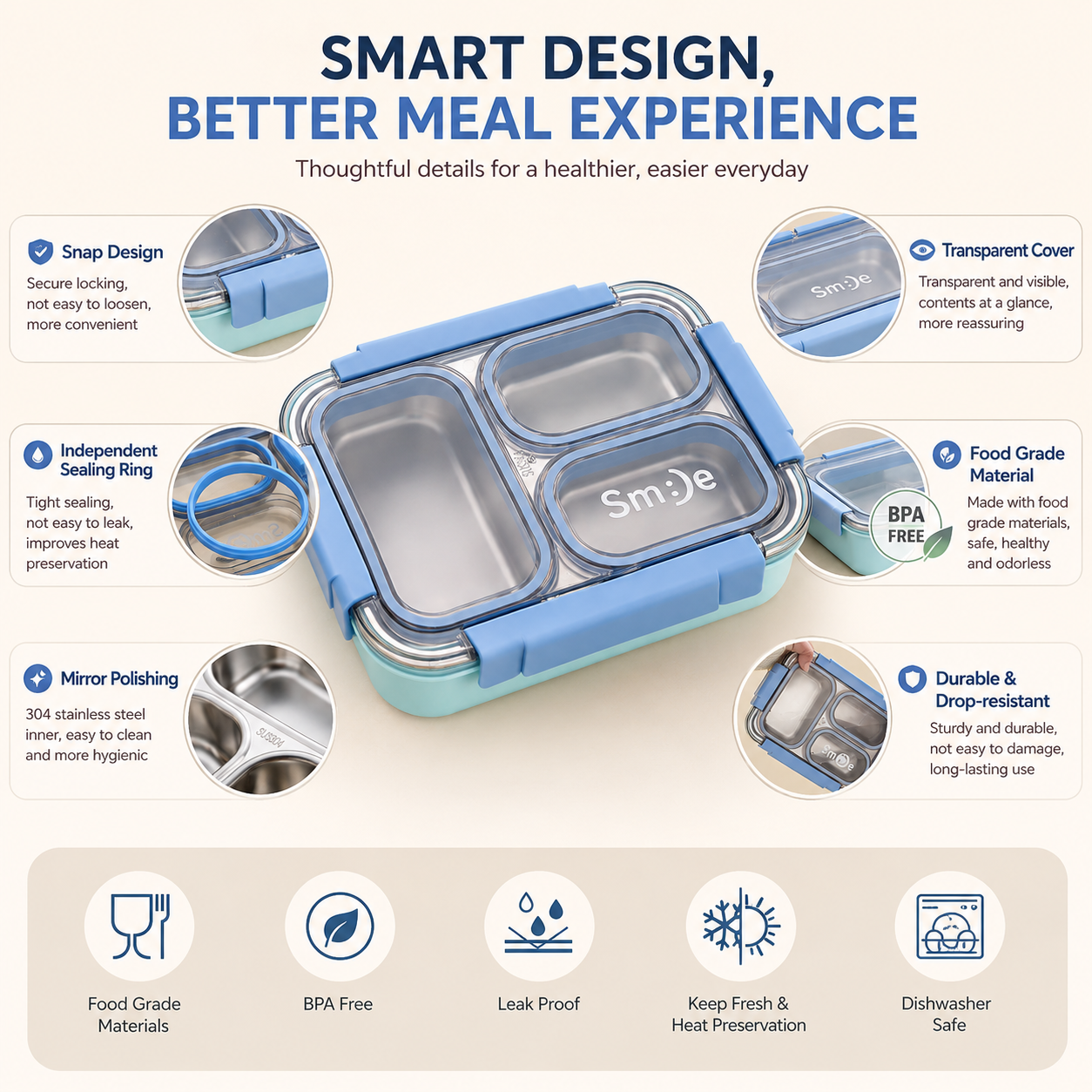 710ML Leakproof Stainless Steel Bento Lunch Box with Spoon & Chopsticks | 3-Compartment Meal Prep Box