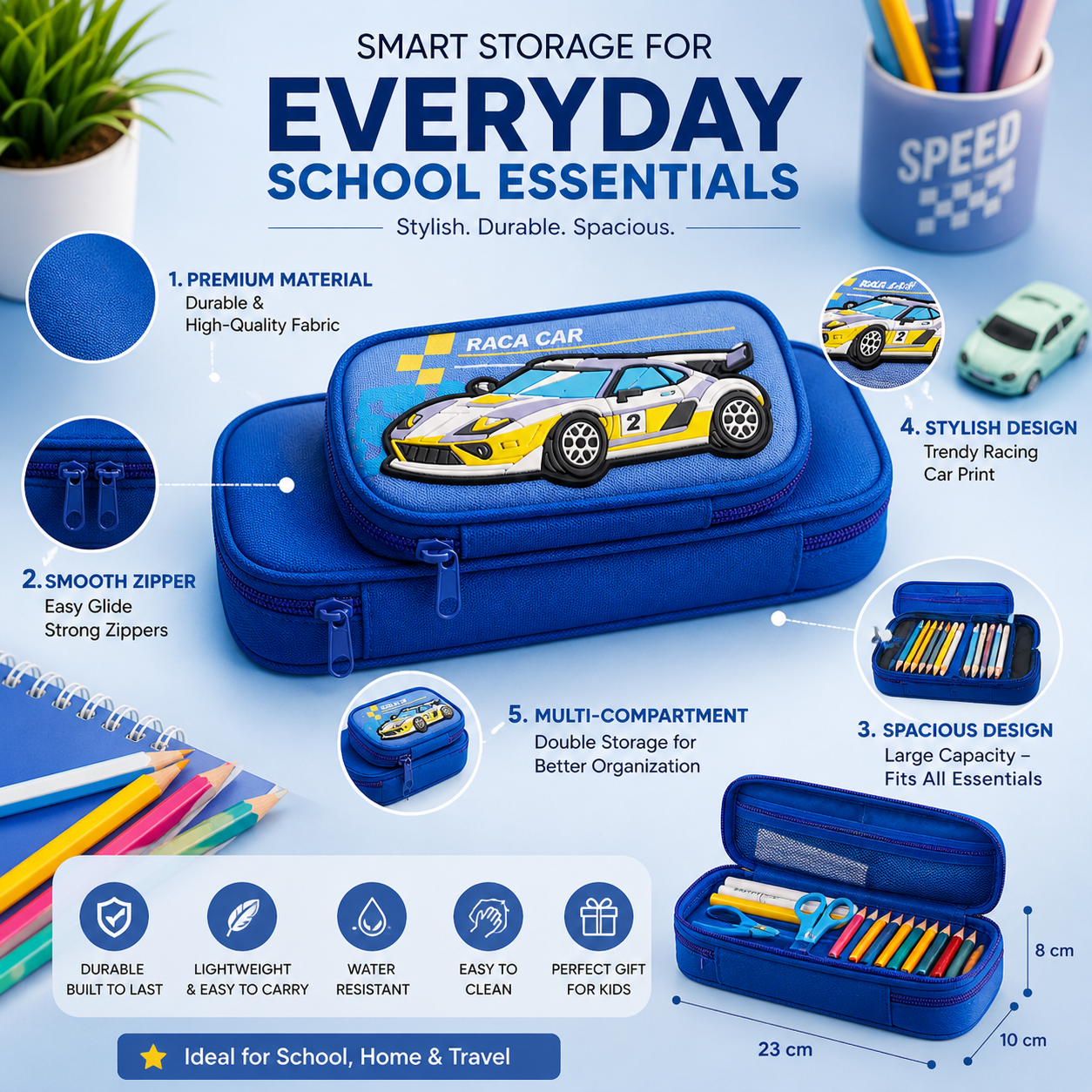 Racing Car Pencil Pouch for Kids | Double Zipper Pen Case | Sports Car Stationery Organizer Bag