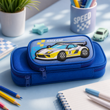 Racing Car Pencil Pouch for Kids | Double Zipper Pen Case | Sports Car Stationery Organizer Bag