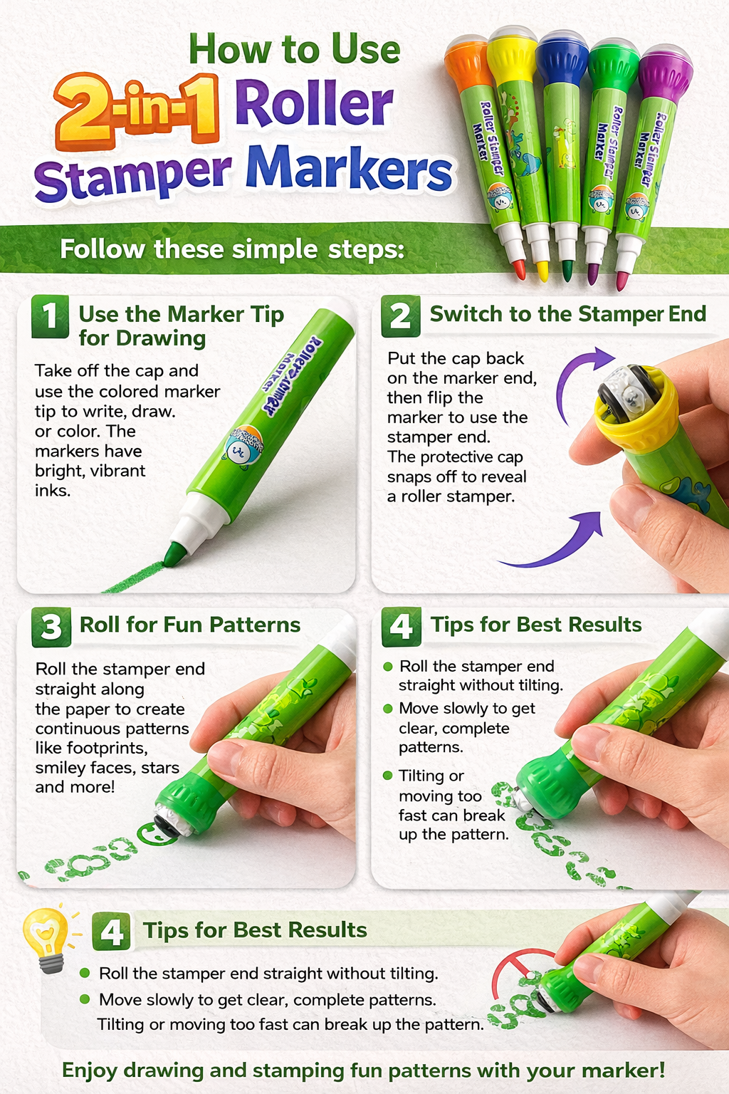 Roller Stamper Marker Pens for Kids – Pack of 10 | Dual-Tip Sketch Pens