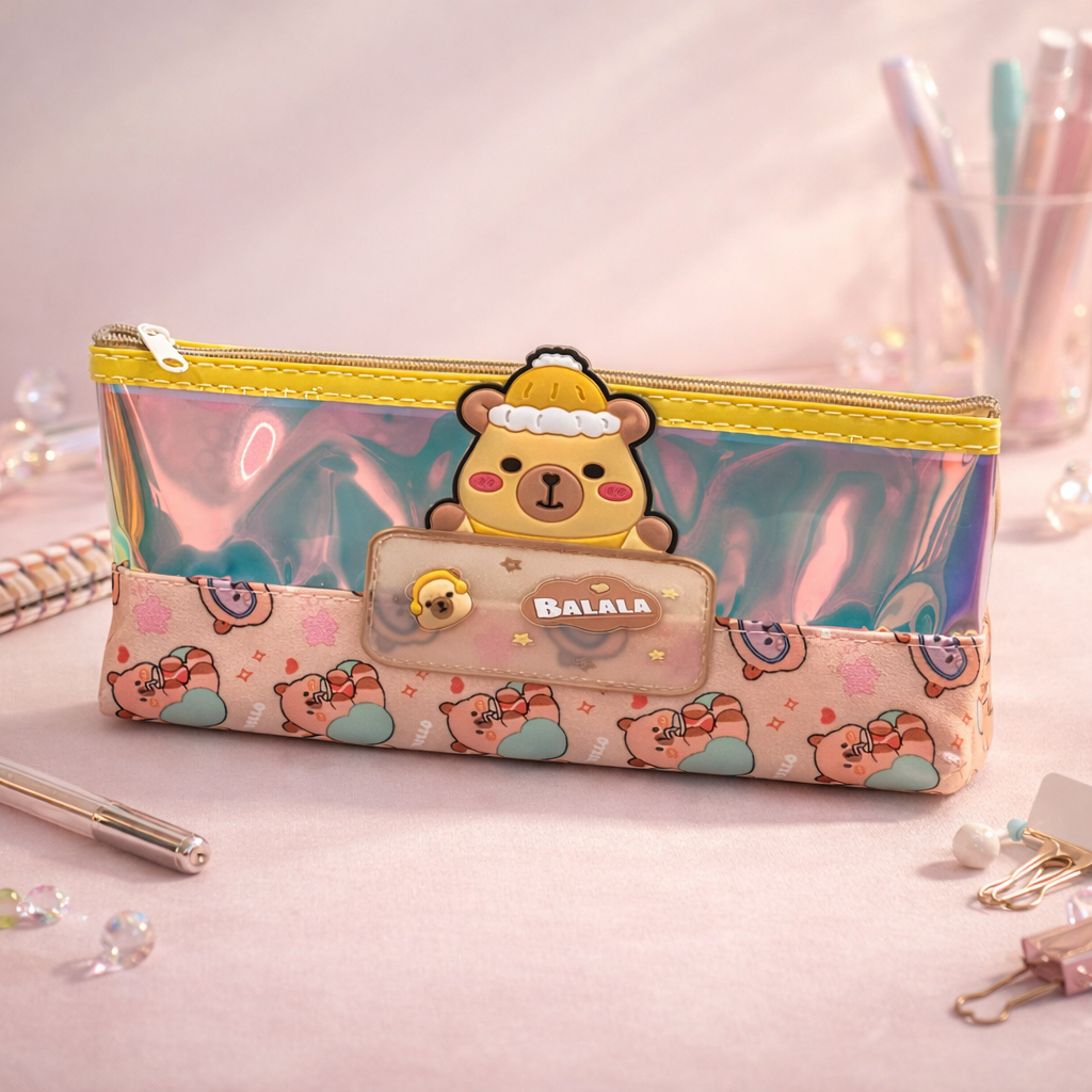Cute Bear Holographic Pencil Case for Kids – Large Capacity Transparent Stationery Pouch with Zipper, School Pen Organizer for Girls
