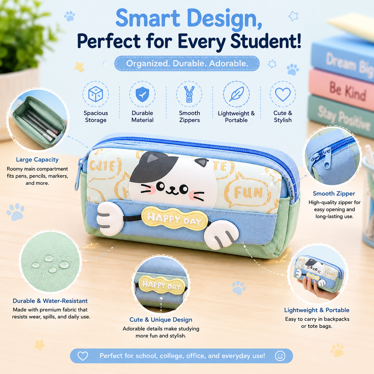 Cute Cat Pencil Case for Kids – Large Capacity Stationery Organizer with 3D Cat Design, Zipper School Pencil Pouch for Girls and Boys