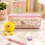 Cute Rabbit Pencil Pouch for Girls with Pom-Pom Keychain | Kawaii Zipper Pen Case | Stylish Stationery Organizer