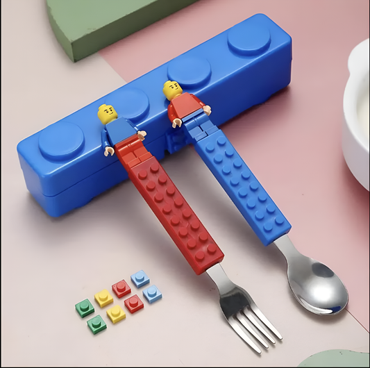 Spoon & Fork Set for Kids – LEGO-Style Utensils with Travel Case – BPA-Free, Dishwasher Safe