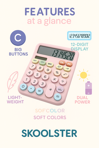 Cute Pastel Calculator  – Big Button, 12 Digit Display, Dual Power, Aesthetic
