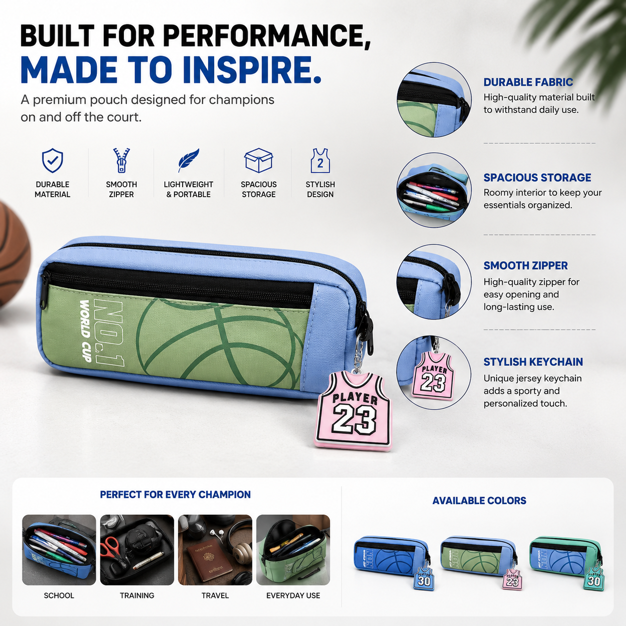 Basketball Theme Pencil Pouch for Kids | Double Zipper Sports Pen Case with Jersey Keychain | Stationery Organizer Bag