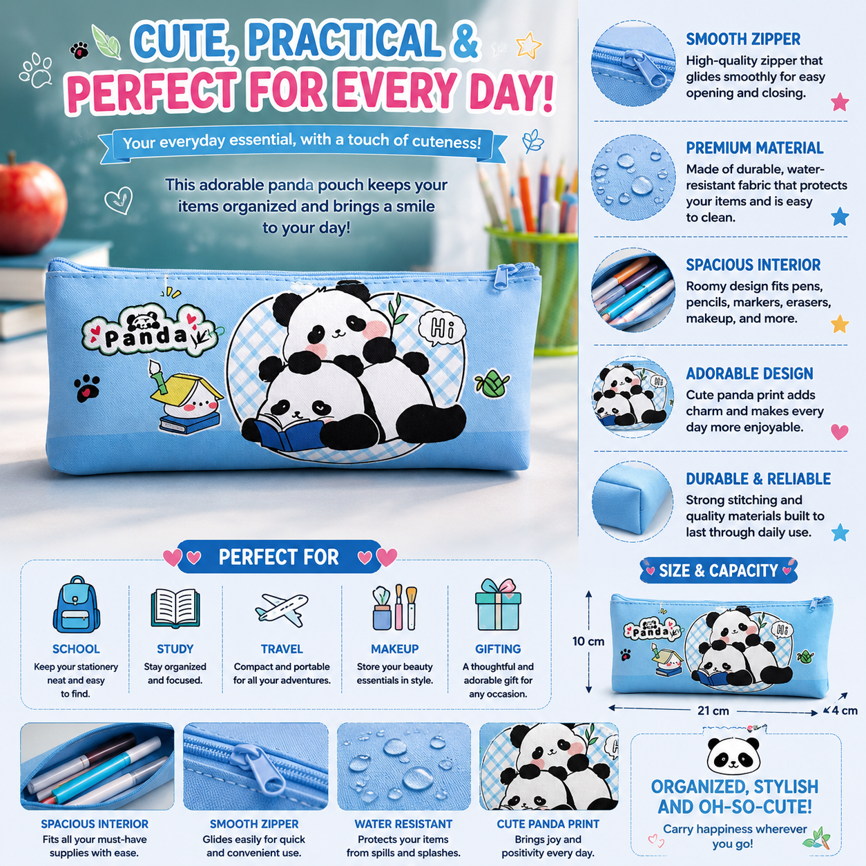 Cute Panda Pencil Case for Kids – Large Capacity PU Leather Stationery Pouch with Zipper, Cartoon Panda Pen Organizer for School, College & Office