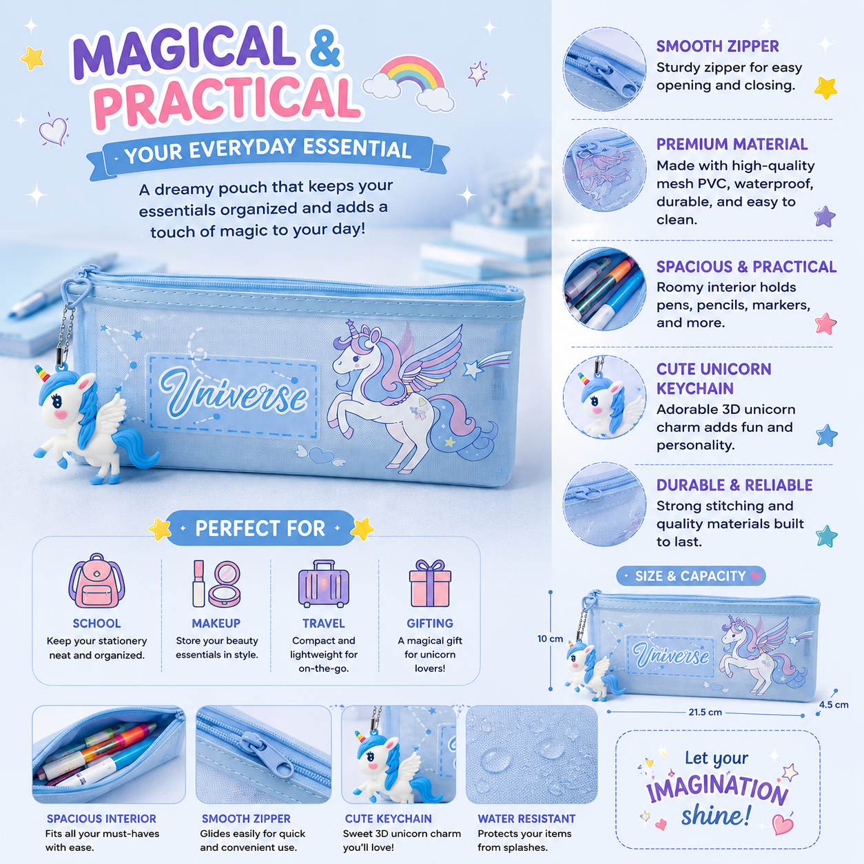 Unicorn Pencil Case for Girls – Large Capacity Zipper Stationery Pouch with Unicorn Keychain, Cute School Pen Organizer
