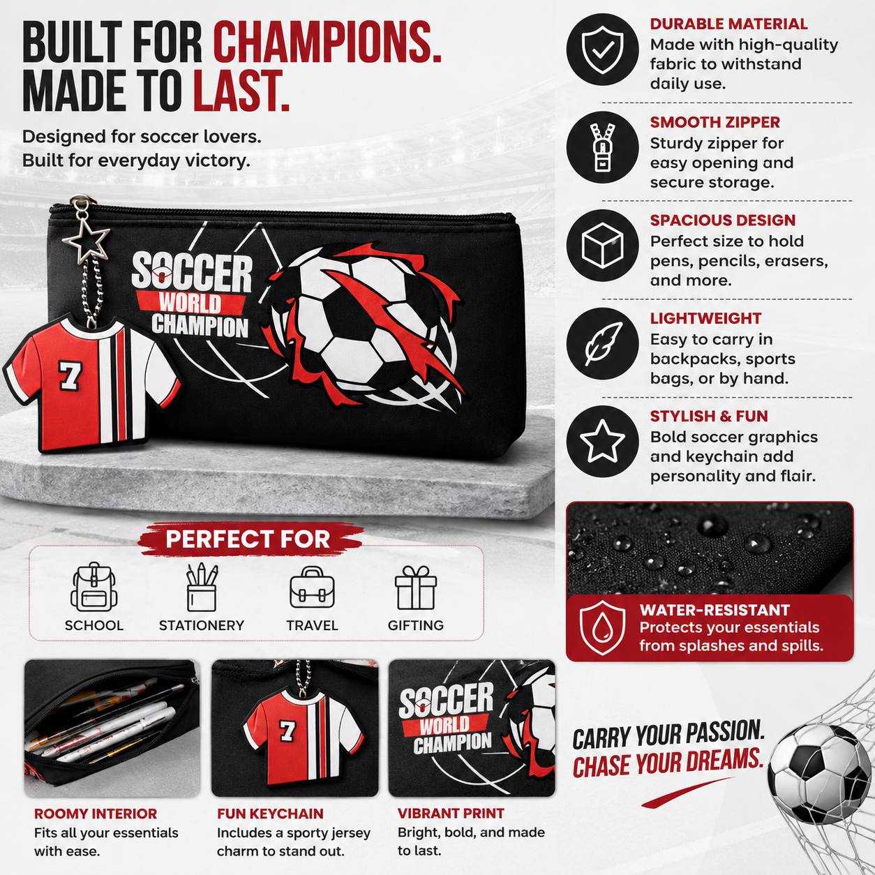 Football Soccer Pencil Case for Kids – Large Capacity Zipper Stationery Pouch with Jersey Keychain, School Pen Organizer for Boys