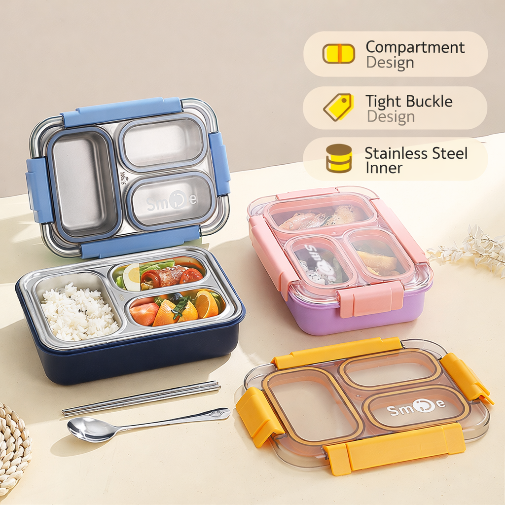 710ML Leakproof Stainless Steel Bento Lunch Box with Spoon & Chopsticks | 3-Compartment Meal Prep Box