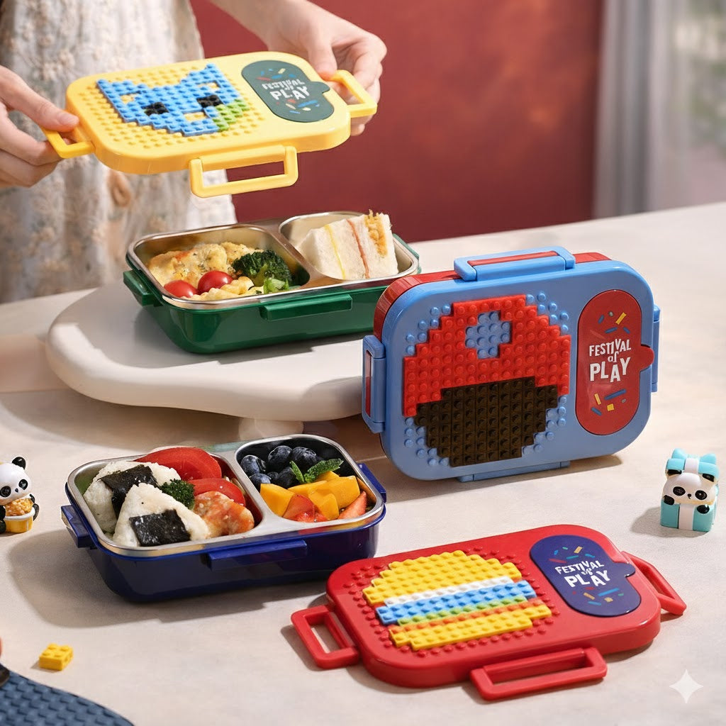 Building Block Kids Lunch Box | Creative DIY Brick Lid Tiffin Box | Leakproof Bento Lunch Container for School