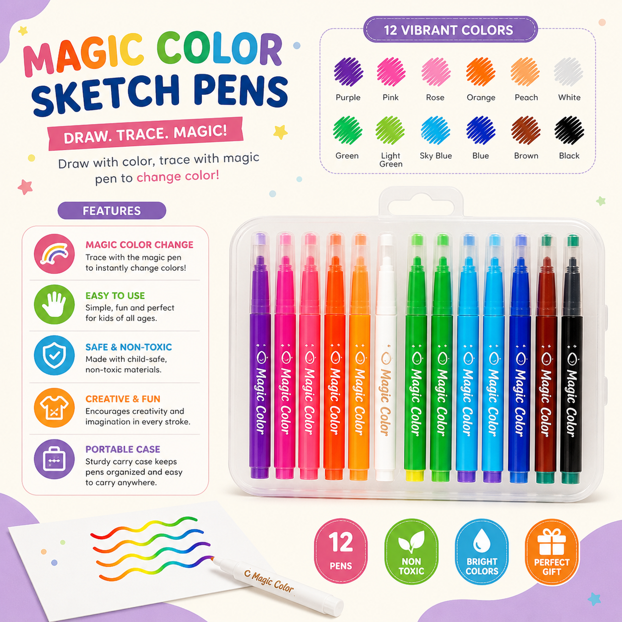 12 Colors Magic Color Changing Marker Set for Kids | 11+1 Fun Effect Pens | Creative Drawing & Art Kit