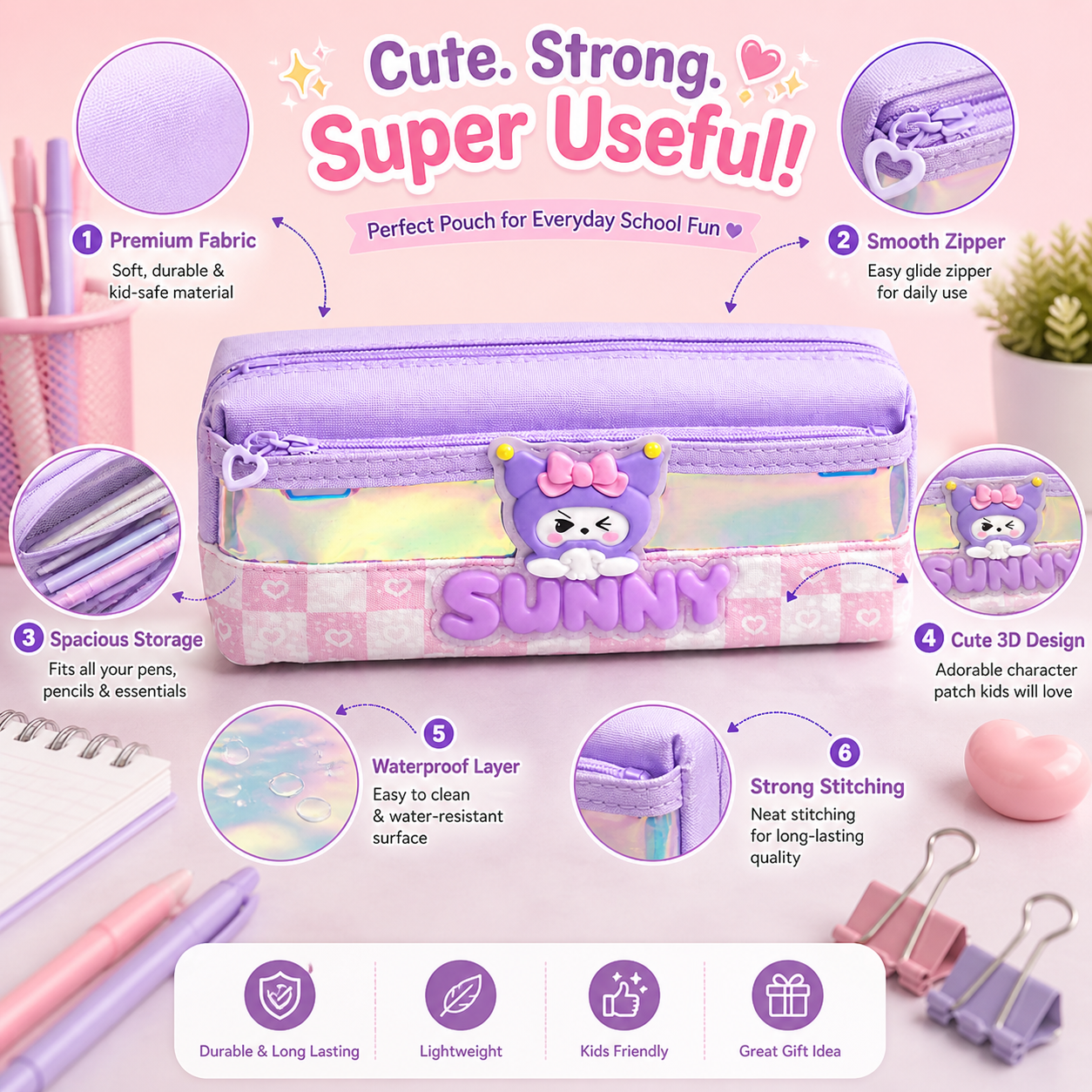Cute Aesthetic Pencil Pouch for Girls | Holographic Zipper Pen Case | Kawaii Stationery Organizer Bag