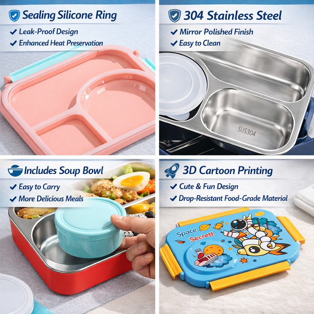 Skoolster Cartoon Bento Lunch Box – Leakproof Stainless Steel Tiffin Box with Soup Bowl for Kids