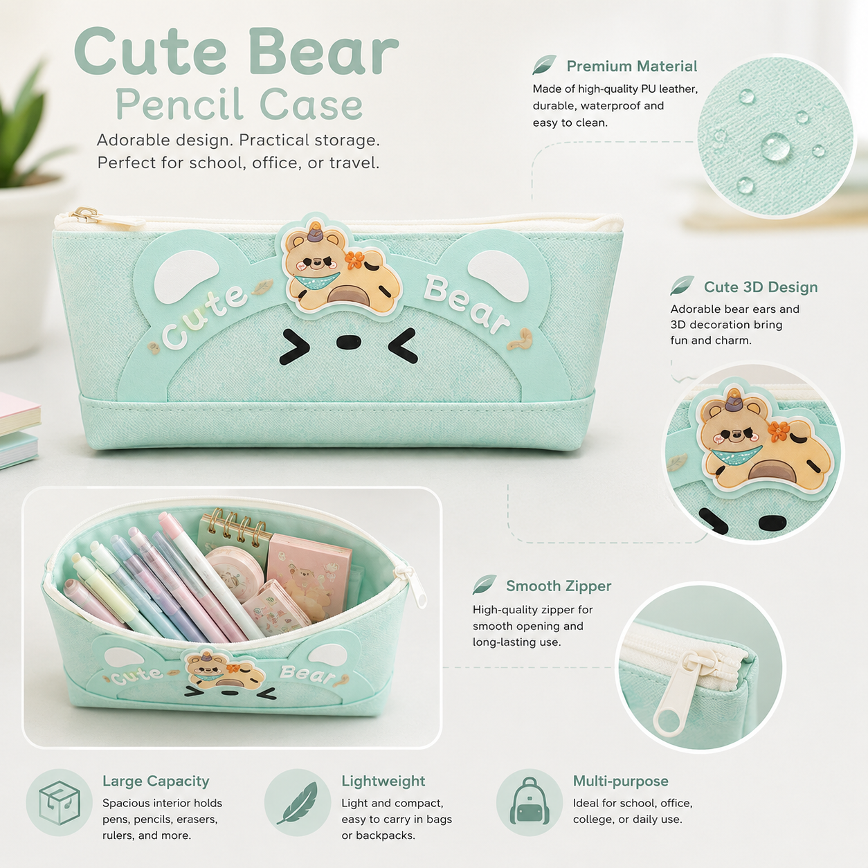 Cute Bear Pencil Case for Kids – Large Capacity PU Leather Stationery Pouch with Smooth Zipper, Waterproof School Pen Organizer for Girls and Boys