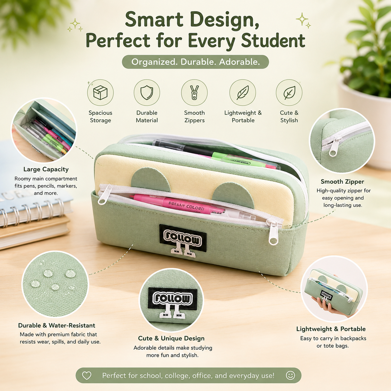 Cute Pencil Case for Girls – Large Capacity Multi-Pocket Stationery Organizer with Zipper, School Pencil Pouch for Kids and Students