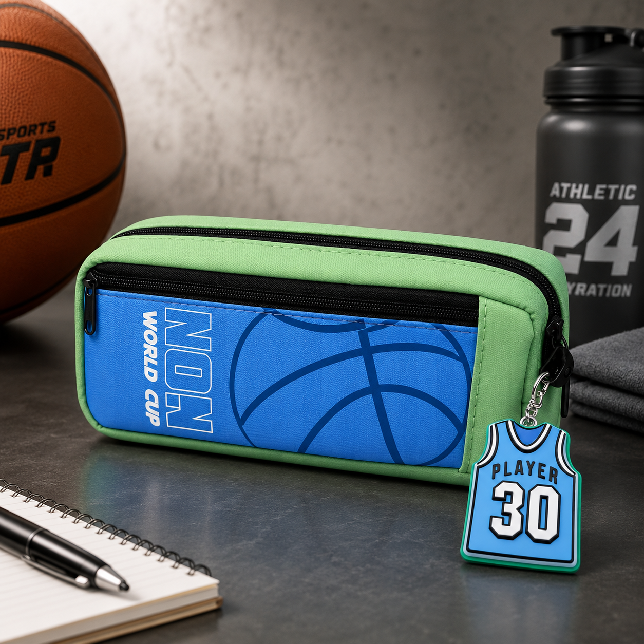 Basketball Theme Pencil Pouch for Kids | Double Zipper Sports Pen Case with Jersey Keychain | Stationery Organizer Bag