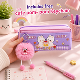 Cute Rabbit Pencil Pouch for Girls with Pom-Pom Keychain | Kawaii Zipper Pen Case | Stylish Stationery Organizer