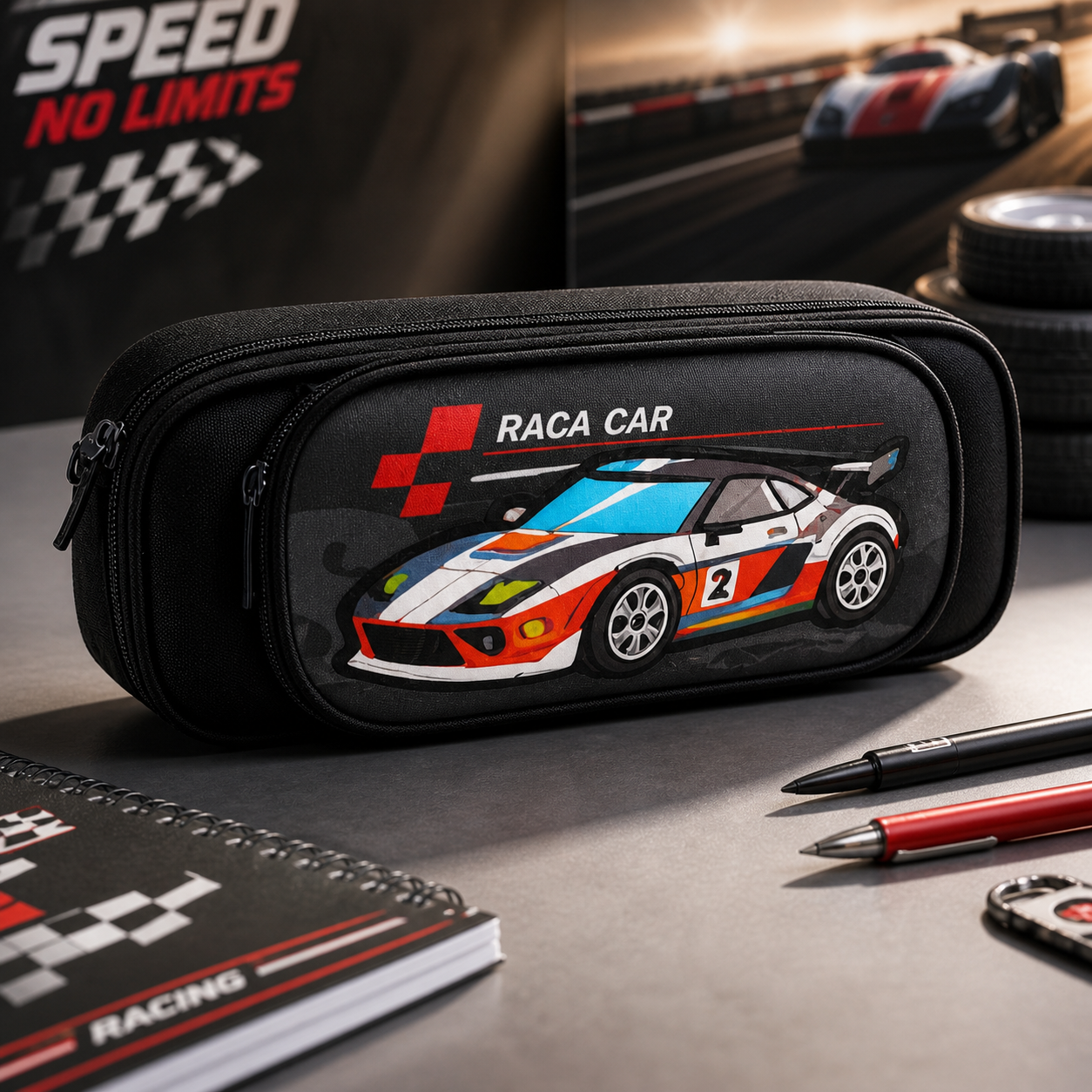 Racing Car Pencil Pouch for Kids | Double Zipper Pen Case | Sports Car Stationery Organizer Bag