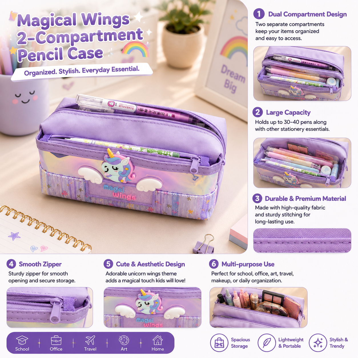 Unicorn Pencil Case for Girls – Large Capacity Double Zipper Stationery Organizer with Holographic Pocket, Cute School Pencil Pouch