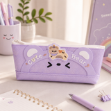 Cute Bear Pencil Case for Kids – Large Capacity PU Leather Stationery Pouch with Smooth Zipper, Waterproof School Pen Organizer for Girls and Boys