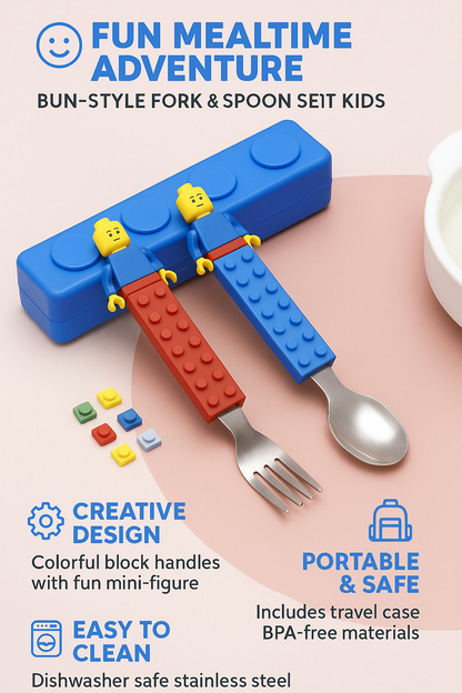 Spoon & Fork Set for Kids – LEGO-Style Utensils with Travel Case – BPA-Free, Dishwasher Safe