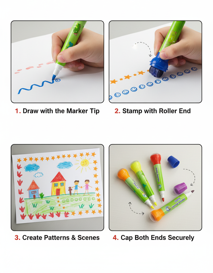 Roller Stamper Marker Pens for Kids – Pack of 10 | Dual-Tip Sketch Pens
