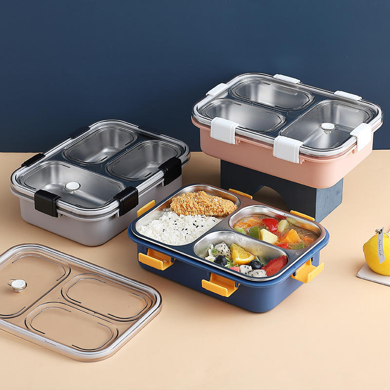 Skoolster Stainless Steel 3-Compartment Bento Lunch Box with Transparent Lid