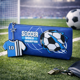 Football Soccer Pencil Case for Kids – Large Capacity Zipper Stationery Pouch with Jersey Keychain, School Pen Organizer for Boys