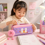 Cute Rabbit Pencil Pouch for Girls with Pom-Pom Keychain | Kawaii Zipper Pen Case | Stylish Stationery Organizer