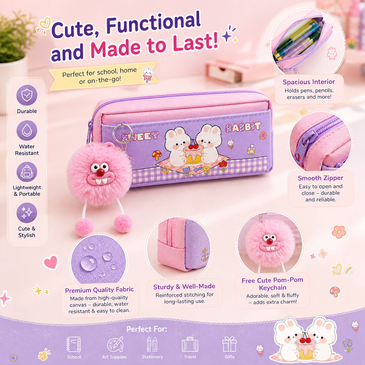 Cute Rabbit Pencil Pouch for Girls with Pom-Pom Keychain | Kawaii Zipper Pen Case | Stylish Stationery Organizer