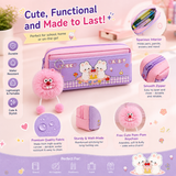 Cute Rabbit Pencil Pouch for Girls with Pom-Pom Keychain | Kawaii Zipper Pen Case | Stylish Stationery Organizer