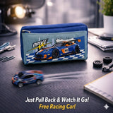 Racing Car Kids Pencil Pouch with Pull-Back Toy Car | Zipper Pen Case | School Stationery Organizer with Free Toy