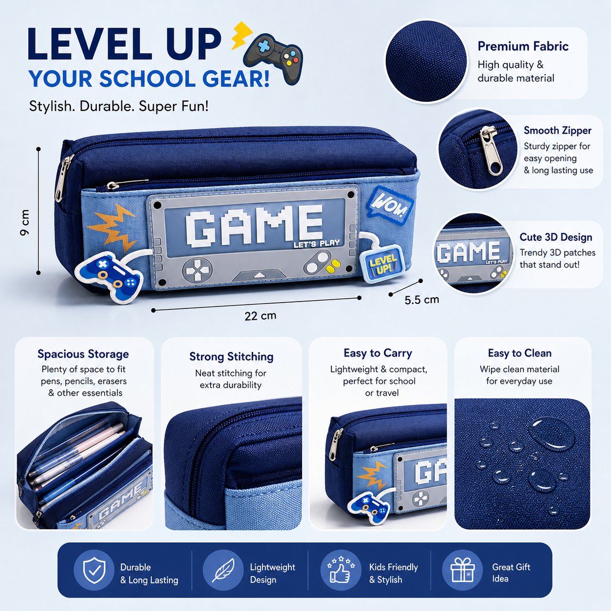 Gaming Theme Pencil Pouch for Kids | “GAME” Printed Zipper Pen Case | Stylish Stationery Organizer Bag