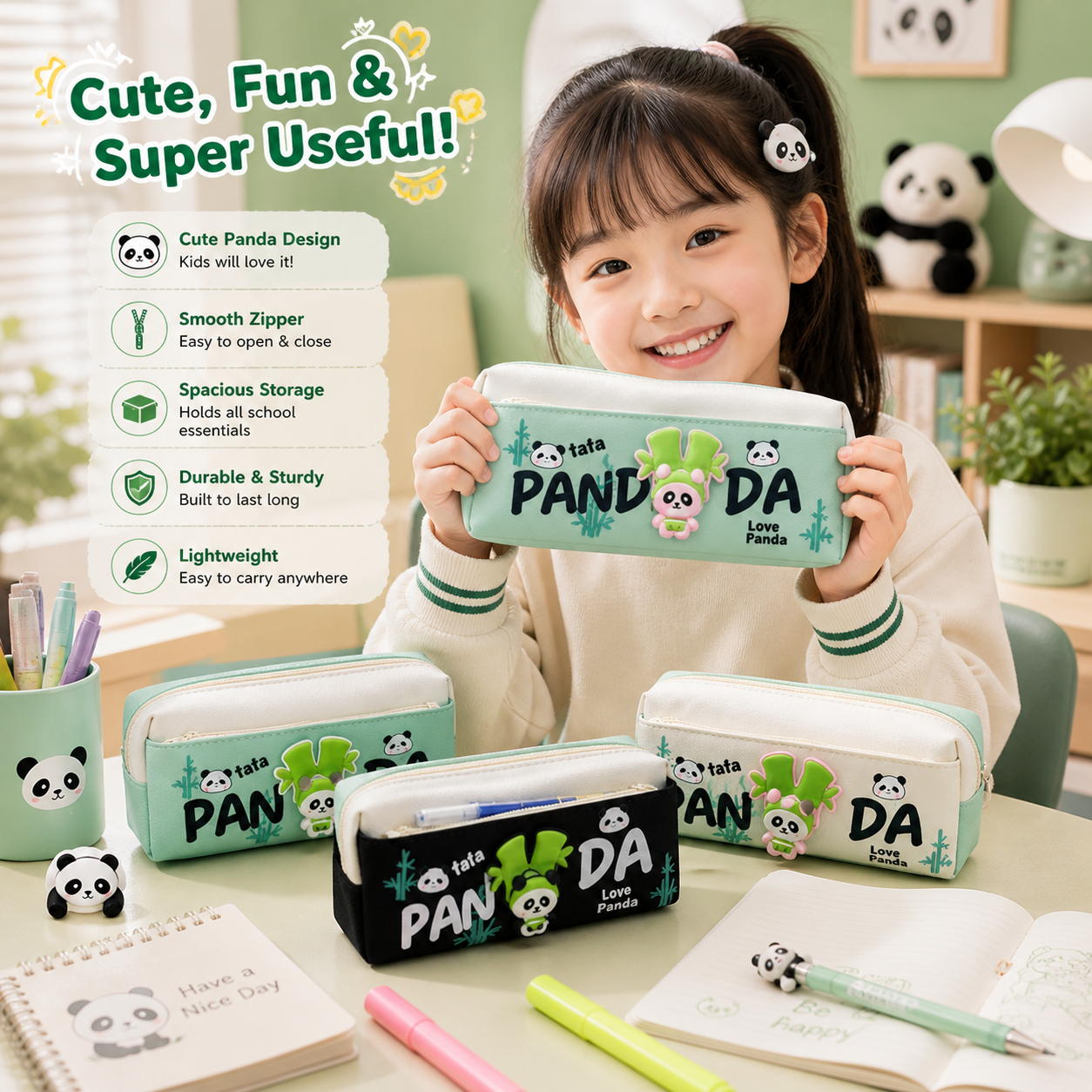 Cute Panda Spinner Pencil Pouch for Kids | Fun Fidget Pen Case with Zipper | Kawaii Stationery Organizer Bag