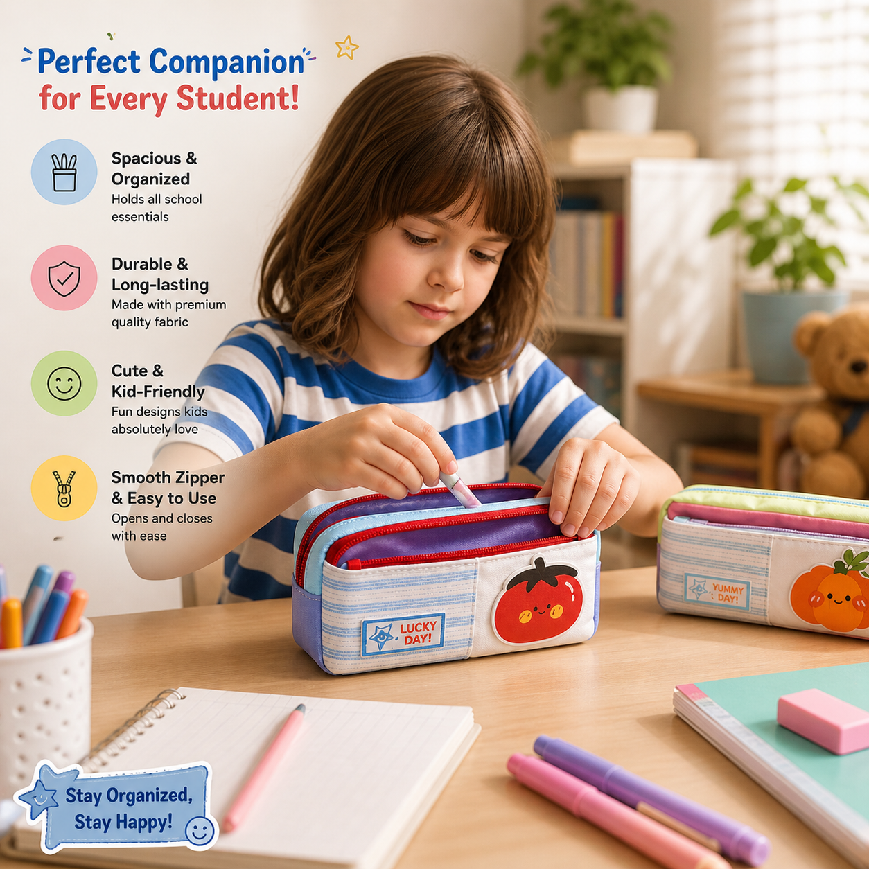 Cute Multi-Compartment Pencil Pouch for Kids | Double Zipper Pen Case | Cartoon Stationery Organizer
