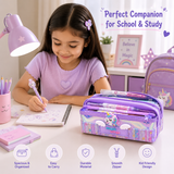 Unicorn Pencil Case for Girls – Large Capacity Double Zipper Stationery Organizer with Holographic Pocket, Cute School Pencil Pouch